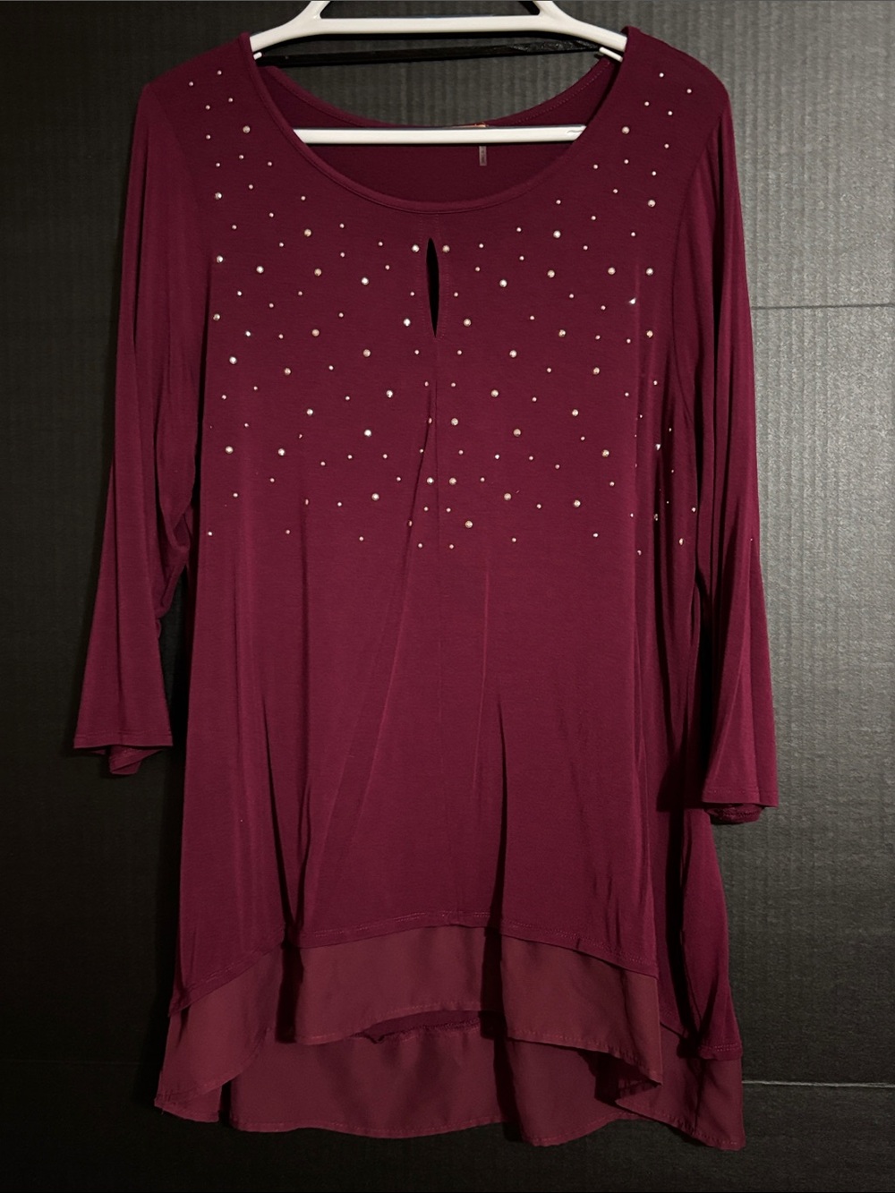 Belldini Burgundy Long-Sleeve Tunic with Rhinestone Detail